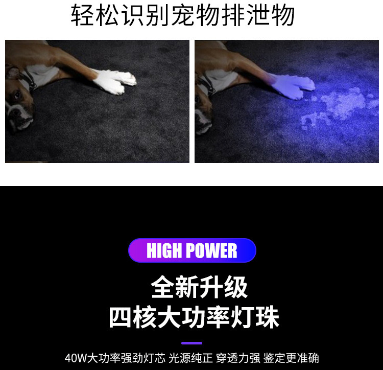 High-power Woods' purple flashlight 365nm UV identification tobacco and wine anti-counterfeiting fluorescent agent cat ringworm detection lamp