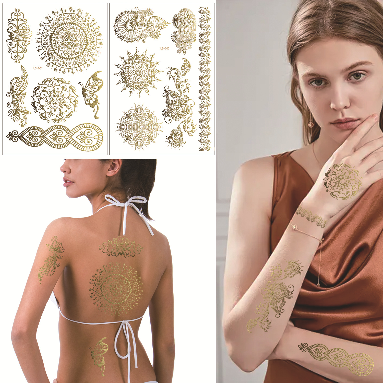 欧美热卖烫金玫瑰金汉娜蕾丝新娘曼陀罗水转印纹身贴纸纹路印花