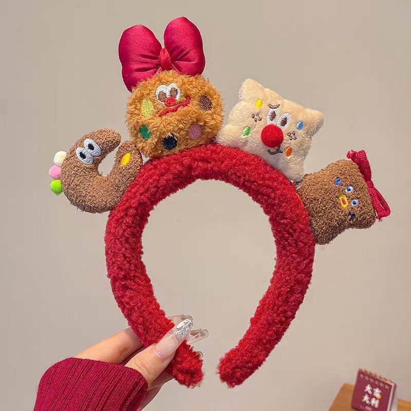 2025 otoño y invierno nuevo patrón rojo perro arco de celebración oso pequeño arco de cabeza niña adorable adornos de pelo de dibujos animados