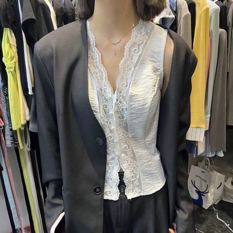 Lace Vest Top 2025 Spring/Summer New French Collar Spliced Tie Waist Sleeveless Women's Top Lace Vest Top 2025 Spring/Summer New French Collar Spliced Tie Waist Sleeveless Women's Top