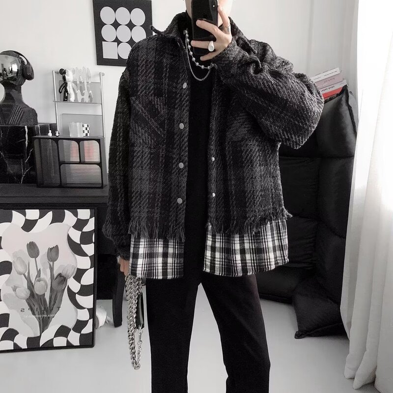 Spring and Autumn black and white woven Chanel style coat men's loose Korean style personalized tassel Burr design shirt jacket