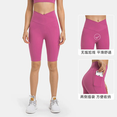 European and American new style cross-waist sports tights for women, double-sided pockets, no T-line, high elasticity, butt lift, five-point yoga pants