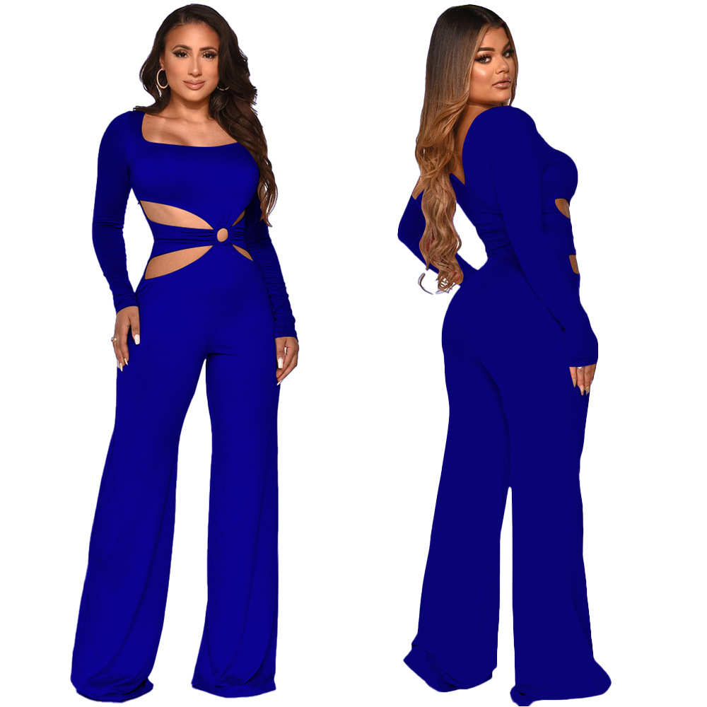 solid color square neck exposed waist hollow jumpsuit NSMYF84713