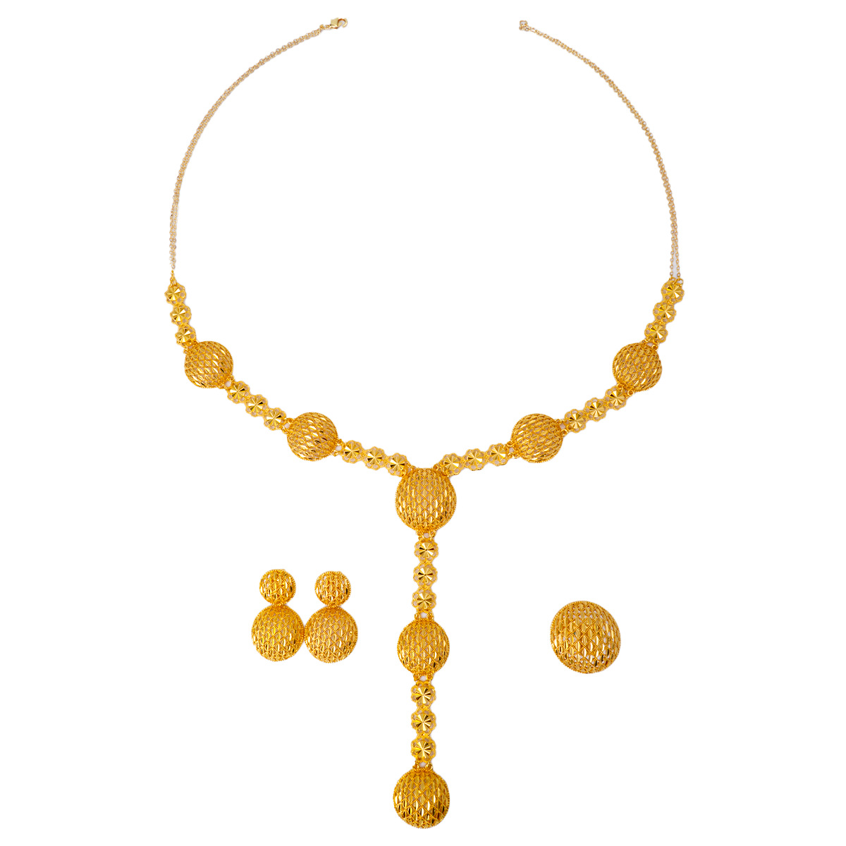 中東ドバイジュエリー女性のための 24 k ゴールドメッキネックレスブレスレットイヤリングリングジュエリーセットアフリカの花嫁 4 点セット