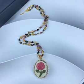 秋冬新品玫瑰红毛衣链天然碧玺项链手工雕刻吊坠满钻设计欧美跨境