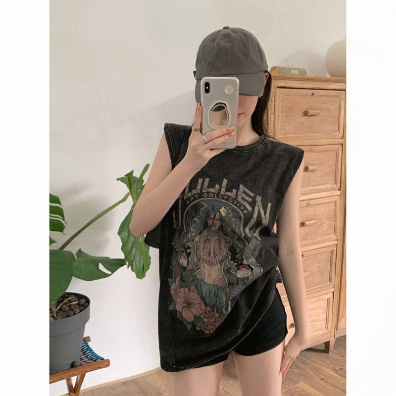 American Style Retro Sweet Cool Style Sleeveless Vest T-shirt Women's Summer Korean Style Fashion Brand Printed Slim-fit All-match Casual Top