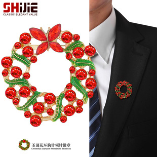 Japanese and Korean fashion personality sweet red crystal diamond Christmas leaves wreath brooch collar pin badge accessories gift