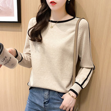 实拍韩版秋冬长袖拼色条纹针织衫女套头宽松内搭外穿毛衣打底女衫