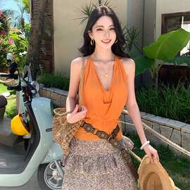 美式性感荡领褶皱V领挂脖背心豹纹斜边褶皱半身裙设计感中长裙