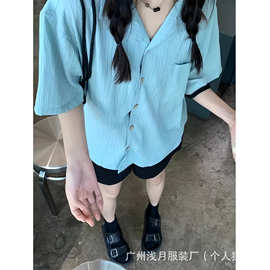 蓝色肌理感条纹衬衫女短袖西装领上衣2026夏季新款学生古巴领衬衣