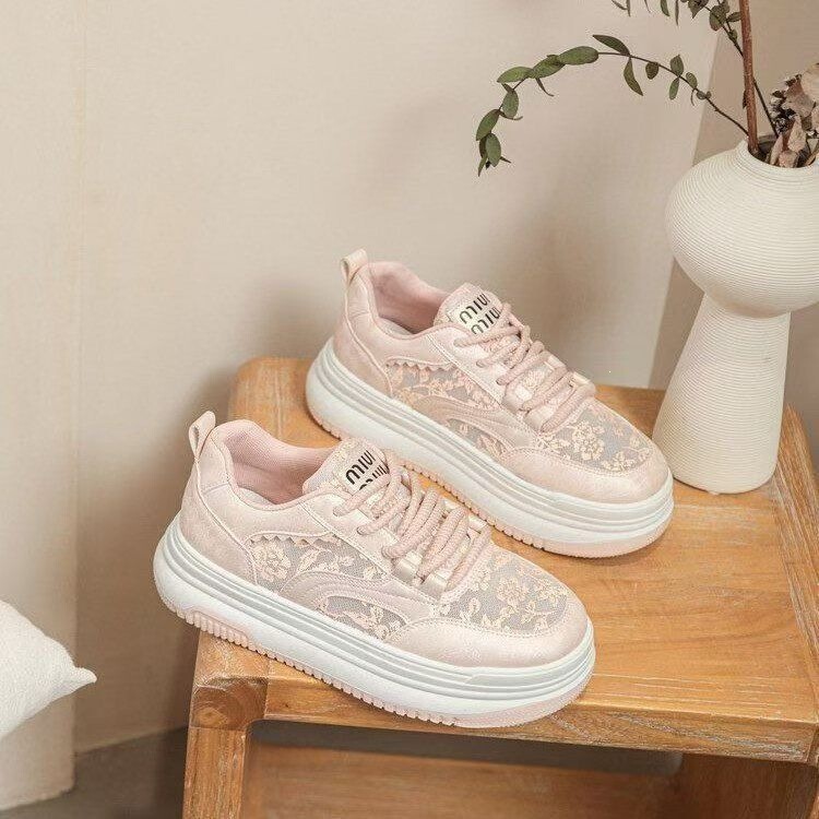 Breathable Mesh Genuine Leather Lace White Shoes for Women 2026 New Summer Mesh Shoes Fashionable Versatile Height-Increasing Thick-Soled Shoes