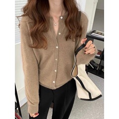 浣熊毛春秋新款圆领紫色短款针织小款开衫宽松外穿毛衣外套女
