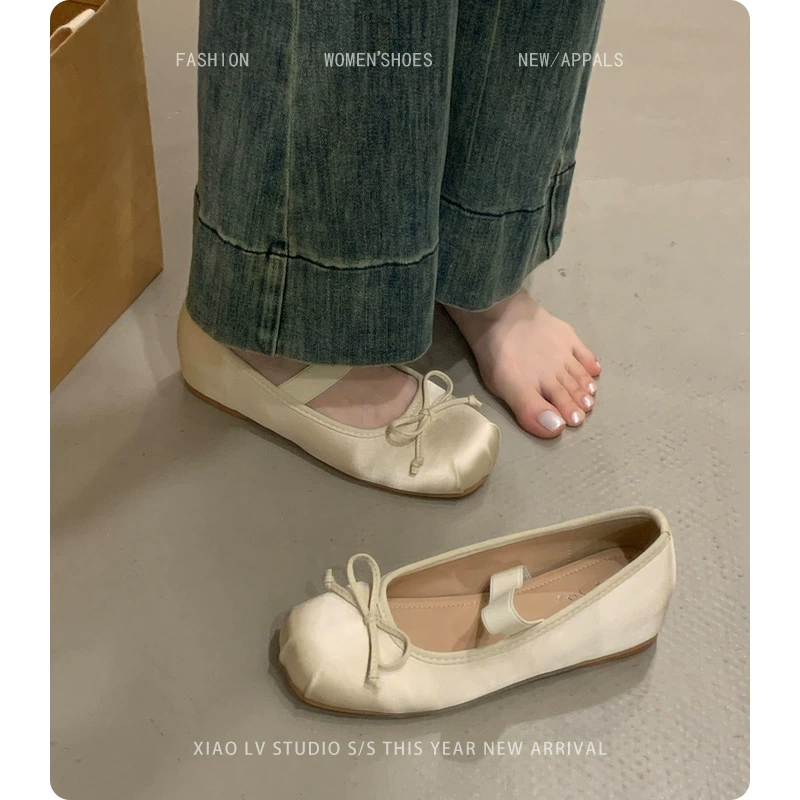French gentle bow shallow mouth heightening single shoes for women 2025 spring and summer evening ballet large size women's shoes 4143