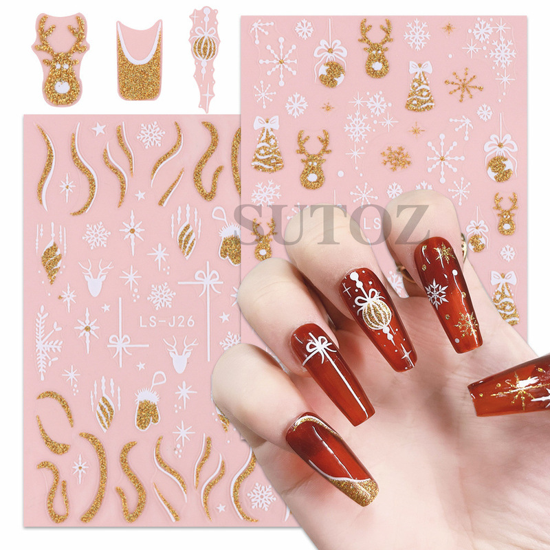 Cross-border supply new manicure Christmas stickers gold and silver glitter Christmas tree snowflake elk art DIY nail stickers