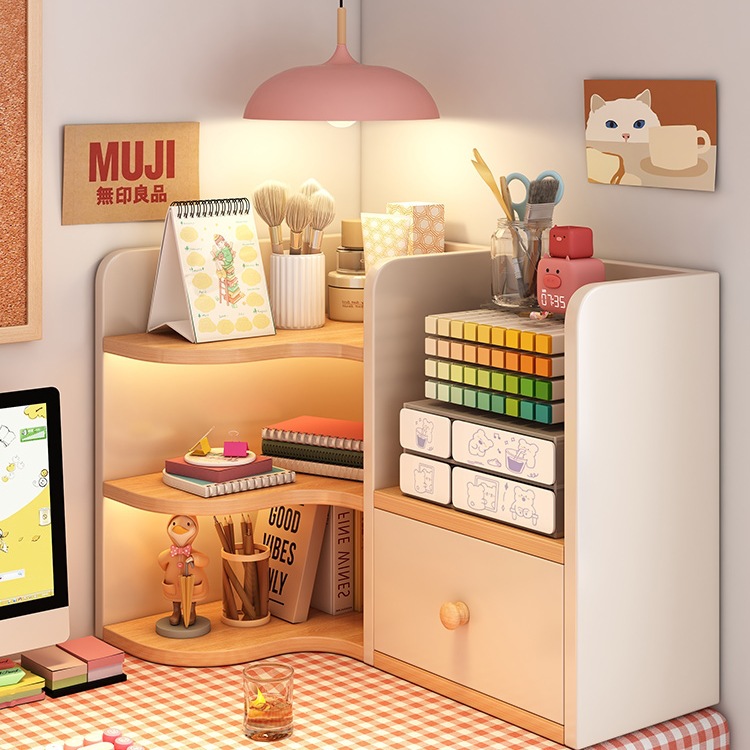 Desktop Corner Storage Rack Cream Style Office Desk Layered Bookshelf Wooden Wall Storage Artifact Corner Bookcase