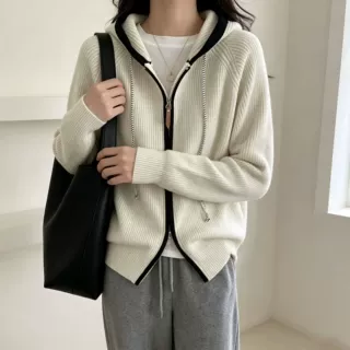 跨境双拉链连帽针织开衫女秋冬新款韩系休闲风撞色门襟外套毛衣女