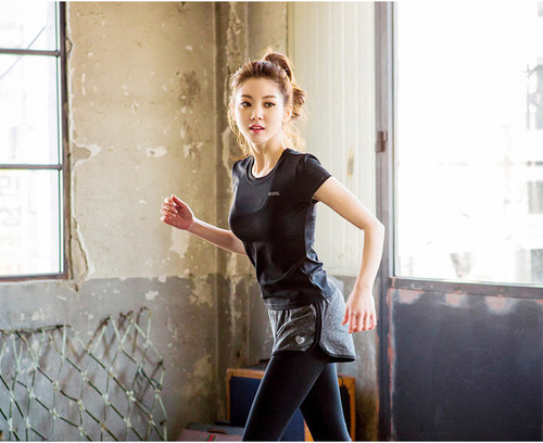 Yoga attire black tight-fitting top short-sleeve T-shirt solid color women's top versatile fashionable trendy sportswear