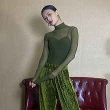 WYZ盖盖新品美丽网纱连体衣军绿色气质高领修身纯色性感网纱衣