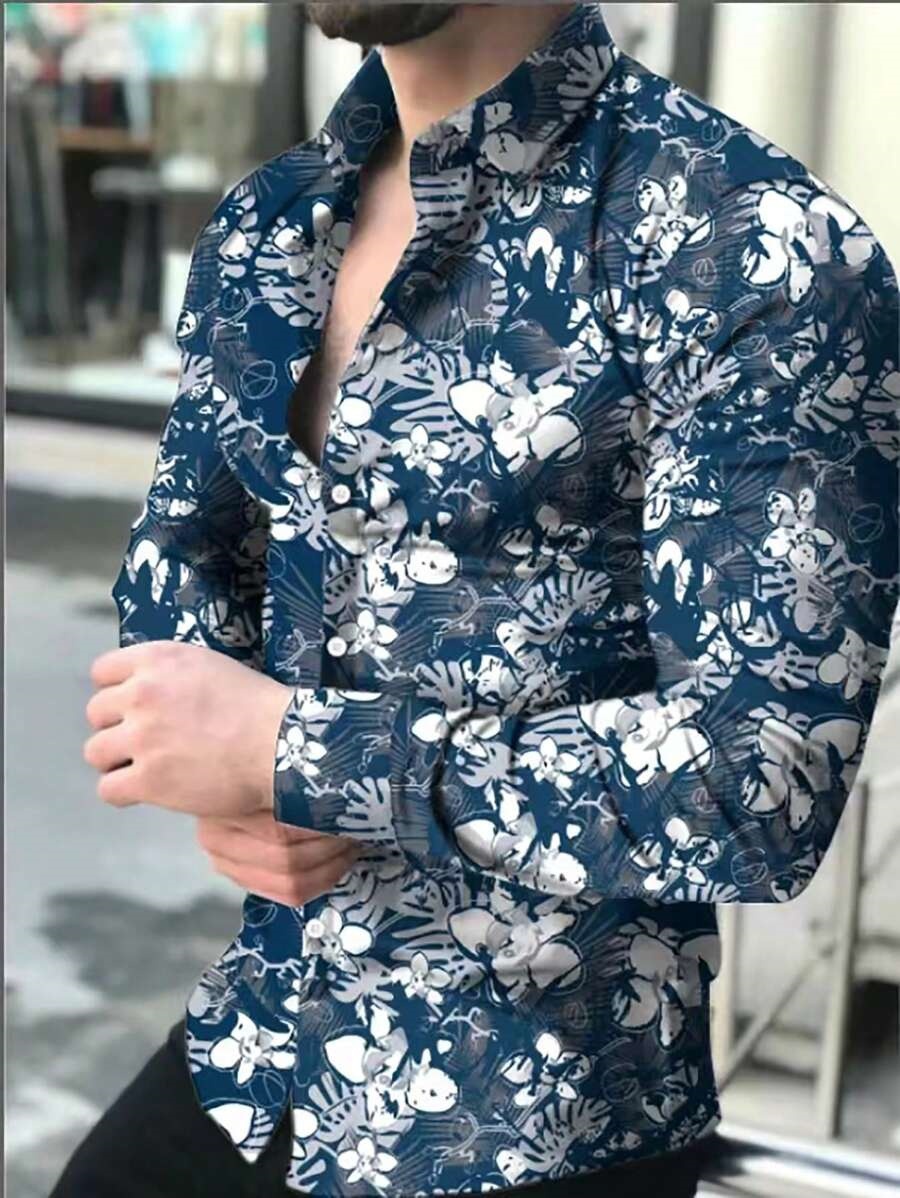 Moda todo fósforo color sólido tinta flor impresión digital 3D hombres primavera y otoño suelta camisa de botón de solapa de manga larga