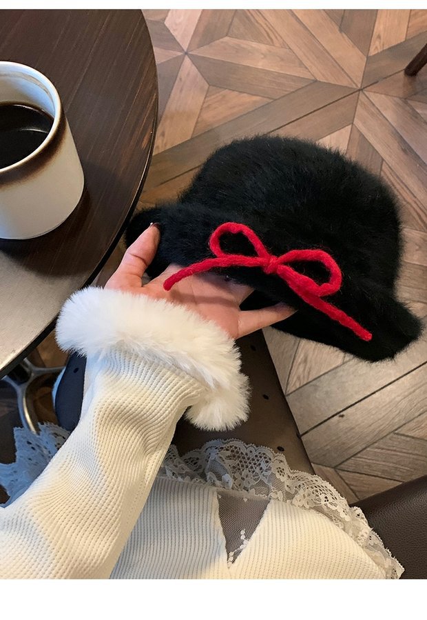 Sweet Plush Pot Autumn/Winter Bow Flip over Eaves Warm Fisherman's Versatile Ins Gold Top Hat Shows Small Face_viptrois.com