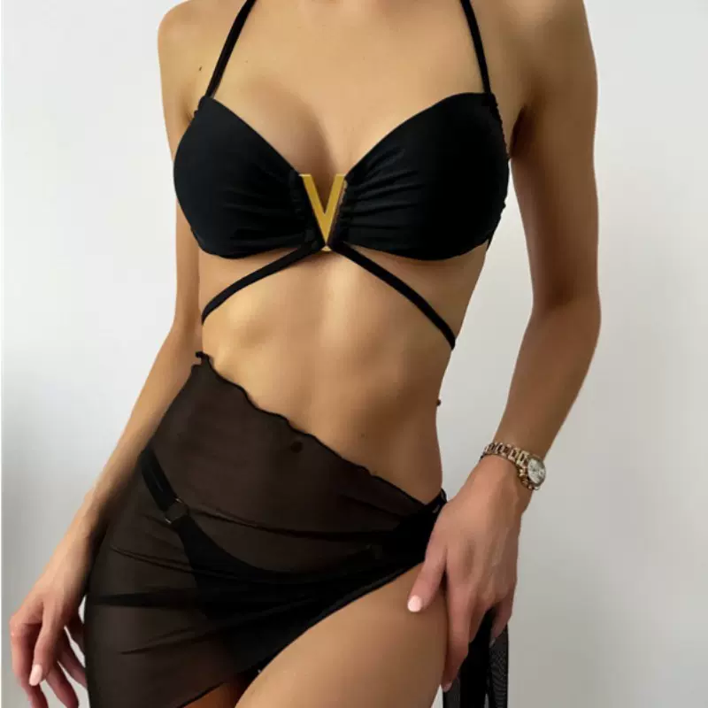 泳衣外贸新款泳装比基尼三件套分体欧美露背裙2023装式女士性感