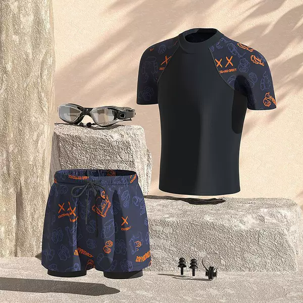 Men's Swimsuit Set New Fashion Large Size Boxer Fake Two-piece Anti-embarrassment Printed Sports Swimming Hot Spring Shorts