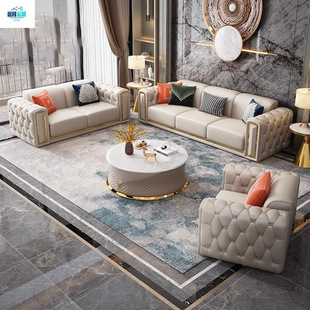 High-End American-Style Light Luxury Genuine Leather Sofa Set, Top-Layer Cowhide, Modern Minimalist Living Room, Suitable for Villas and Various Sizes, Straight Arrangement