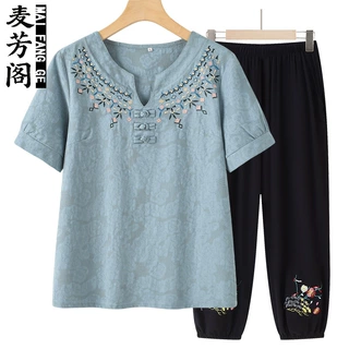 妈妈夏装棉麻套装女2026新款套头上衣中老年人夏季洋气老太太衣服