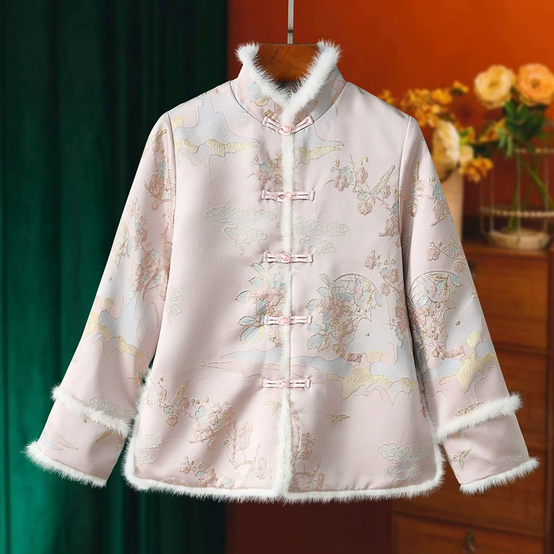 Цельный комплект для дропшиппинга: новинка осени-зимы 2023, вышитый воротник из искусственного меха под норку в ретро-стиле, утепленный топ в китайском стиле (костюм Тан), модель 3686