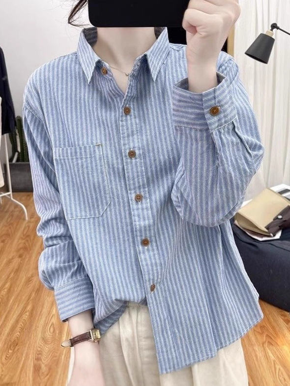 纯棉条纹长袖衬衫女春秋新款小个子宽松复古上衣显瘦防晒打底衬衣|undefined