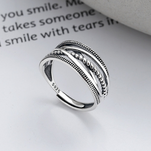 Yunchaoxuan S925 sterling silver Korean version ins cool style simple line twist twist cross-wound geometric open ring