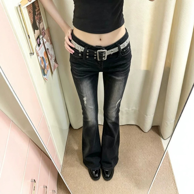 American-style black and gray simple ripped narrow low-rise flared jeans for women, new early autumn elastic slim-fit flared pants American-style black and gray simple ripped narrow low-rise flared jeans for women, new early autumn elastic slim-fit flared pants