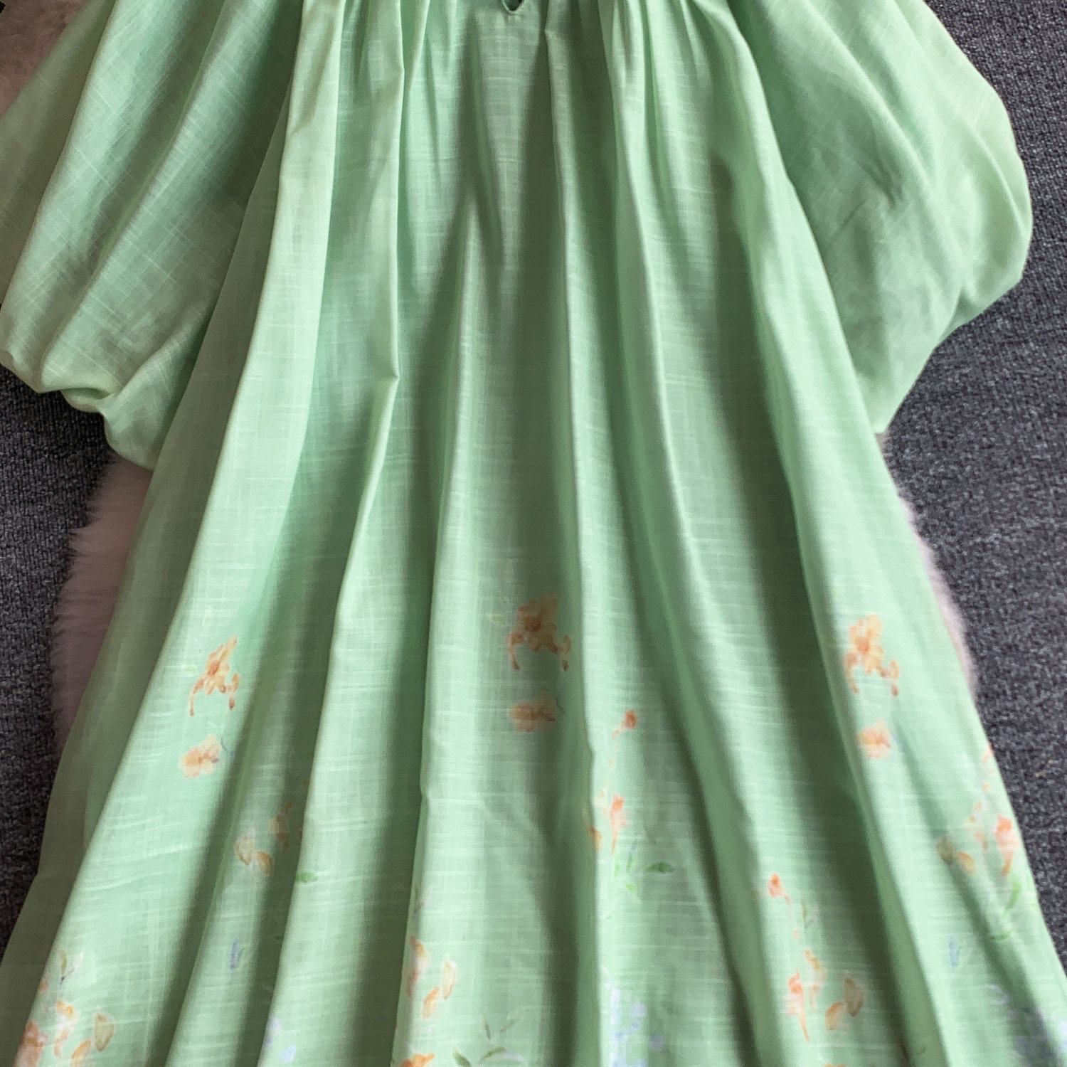 Women's French Romantic Style Dress Lantern Sleeve Printed Summer Pleated Hollow Round Neck Loose Long_ecoleips.com