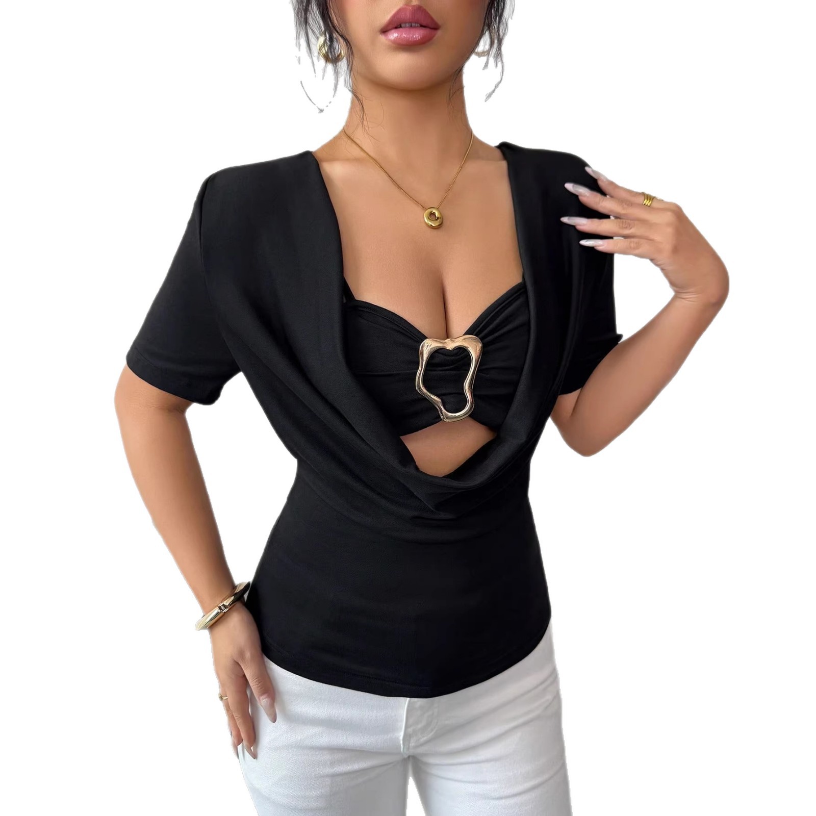 Women's Solid Color Duffle Neck Top With Metal Buckle Faux Two Piece Short Sleeved Trendy Hot Girl_ecoleips.com