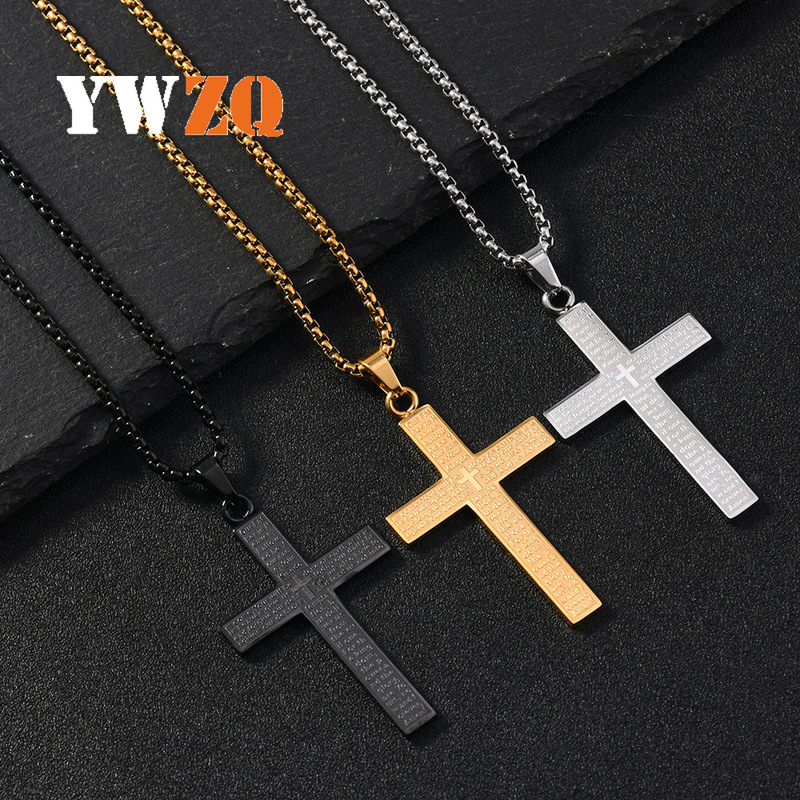 European and American Stainless Steel Cross Pendant Simple Personality Corrosion Scripture Cross Necklace Hip Hop Fashionable Men's Jewelry