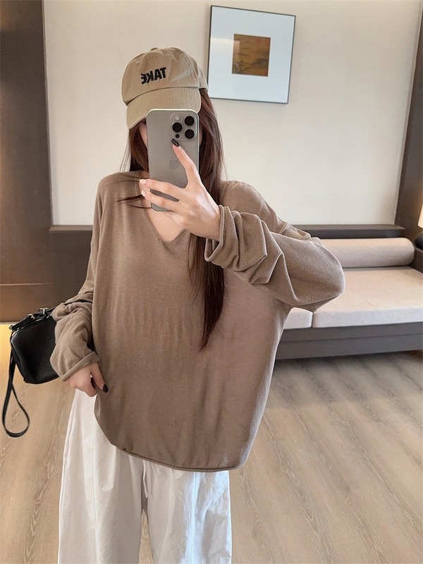 慵懒风V领长袖T恤女夏天薄款外搭防晒罩衫松弛感宽松休闲气质上衣|undefined