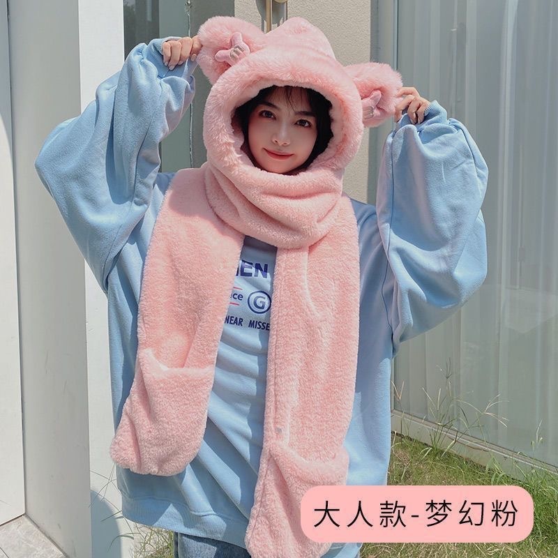 小熊帽子秋冬女款围巾大头围围脖手套一体连帽可爱保暖冬天三件套|undefined