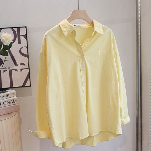 日系温柔风马卡龙色系纯棉宽松小众长袖白衬衫女秋装韩版叠穿上衣