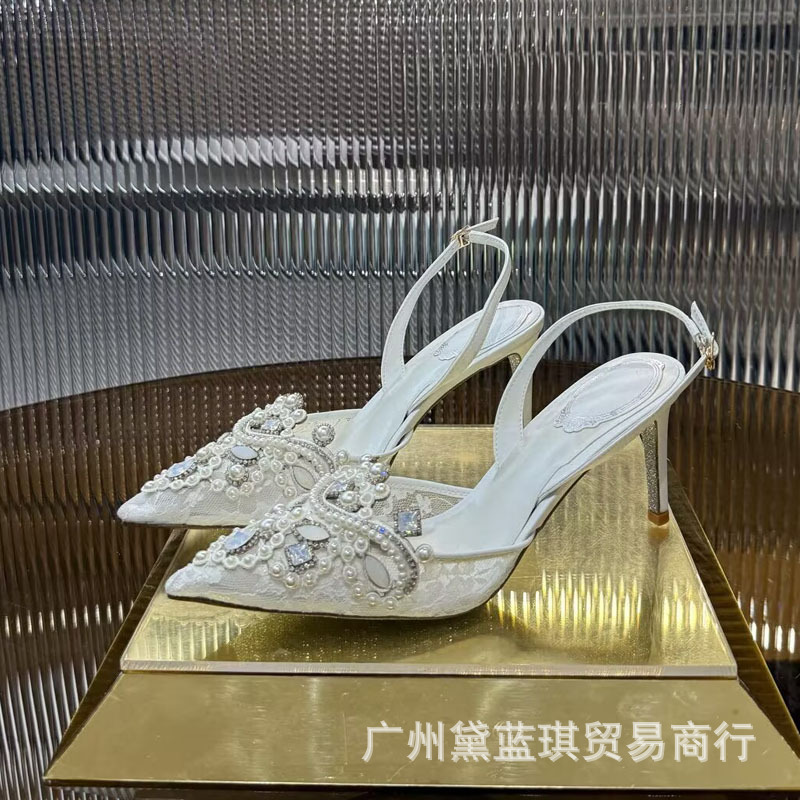 rc宝石尖头高跟鞋女真皮气质后绊带网纱单鞋细跟浅口秀禾伴娘婚鞋|undefined
