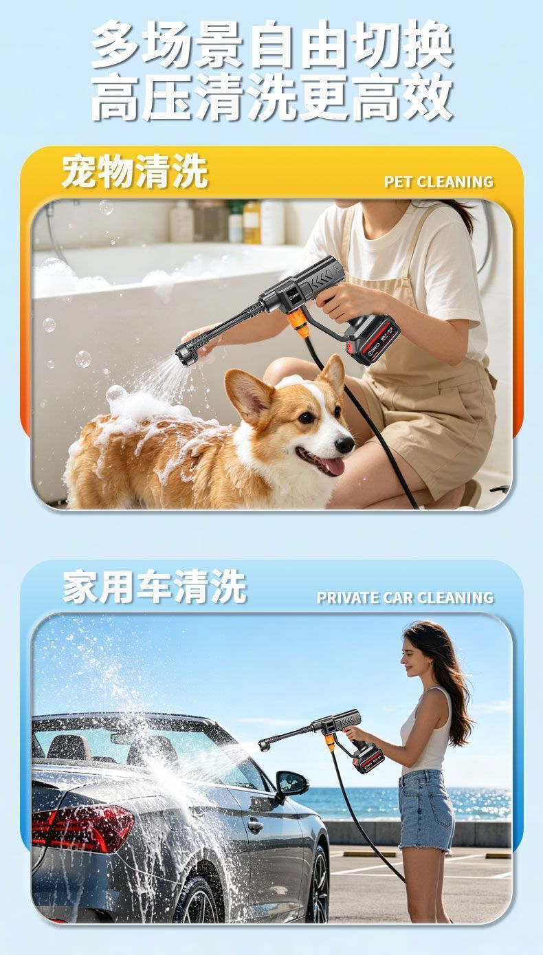 Wireless high-pressure car wash gun, lithium battery-powered self-priming car washer, portable household car wash and garden watering high-pressure water gun