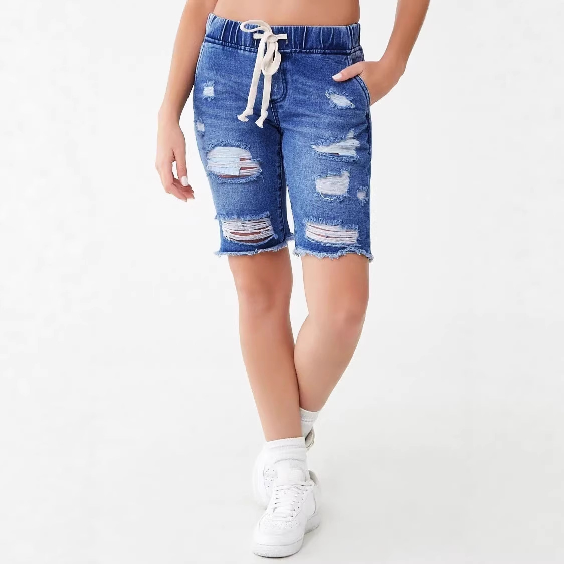2026 Spring European and American Amazon European and American Style Ripped Mid-Waist Elastic High-Stretch Medium Wash Blue Denim Shorts