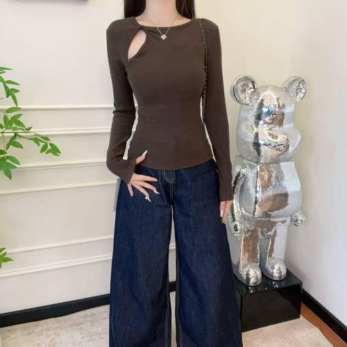 Design-embossed hollow long-sleeve T-shirt for women, 2025 new style, slim fit, inner layer, base layer top, early autumn, niche, non-collision item.