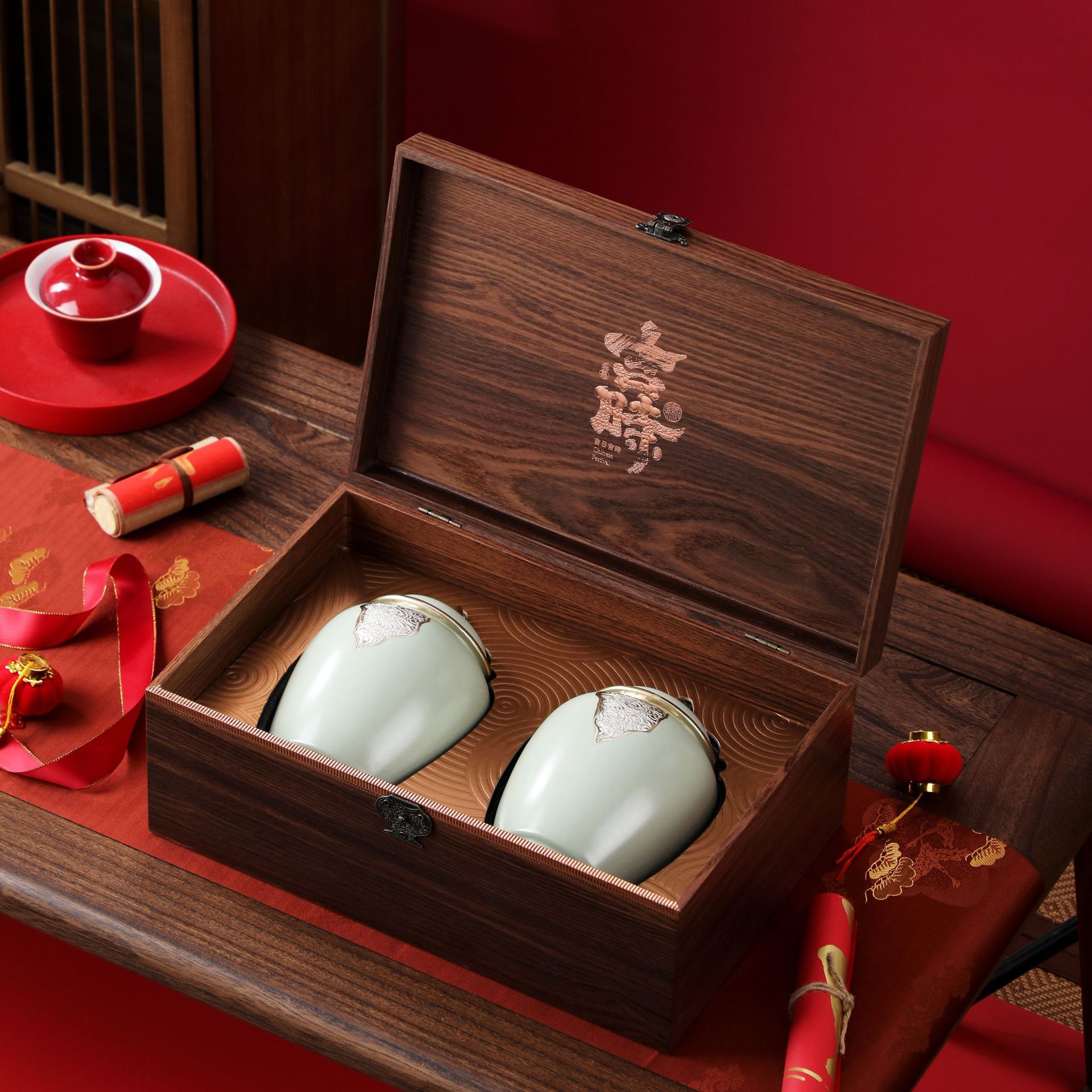 木纹陶瓷罐茶叶包装盒空礼盒红茶绿茶黑茶通用高档陶瓷礼盒装空盒