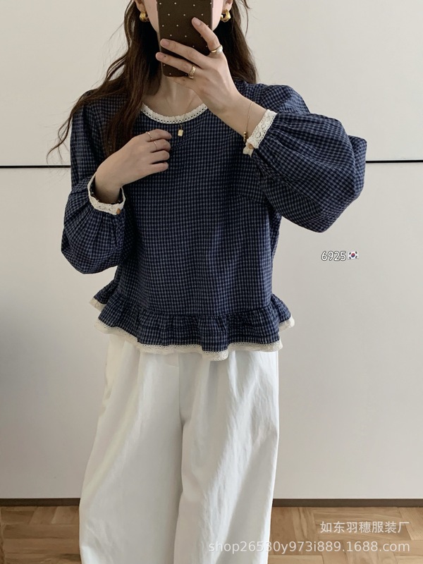 复古法式温柔风格子小衫女2025秋季新款设计感荷叶边长袖衬衫R23|undefined