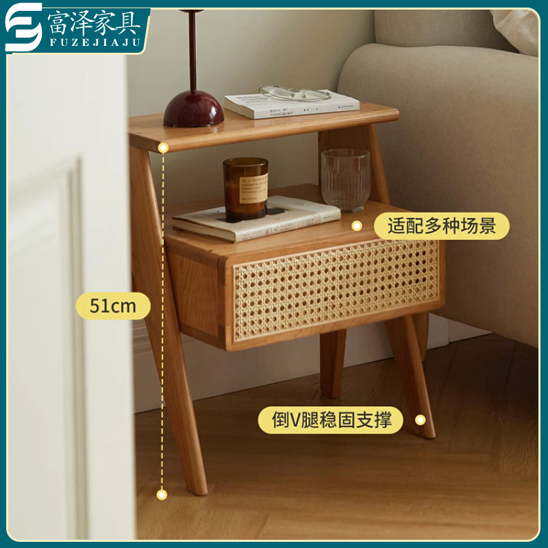 Nordic Modern Minimalist Mid-Century Style Guesthouse Hotel Bedroom Solid Wood Rattan Chandigarh Bedside Table Storage Cabinet