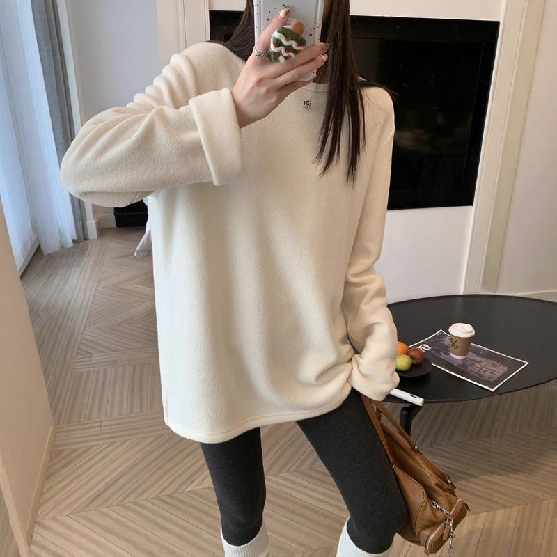 Towel Thick Velvet Pure Color Thickeneded Round Neck Loose Lazy Top Bottoming Shirt T-Shirt Autumn and Winter Women G1644