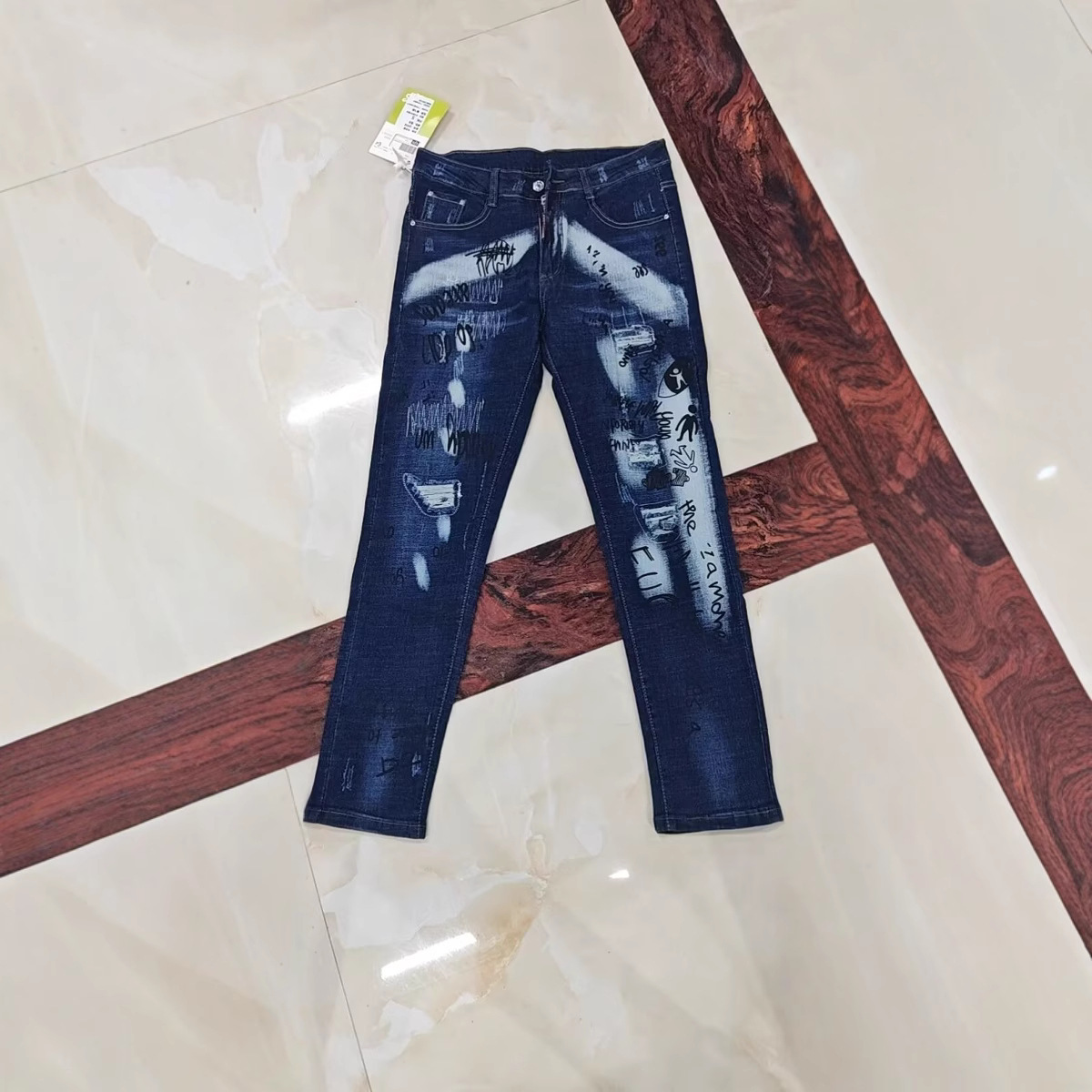boy 2025 Summer New Cross-Border Inkjet Stretch European And American Men's Jeans Washed Distressed Patched Trendy Brand_voghion.com