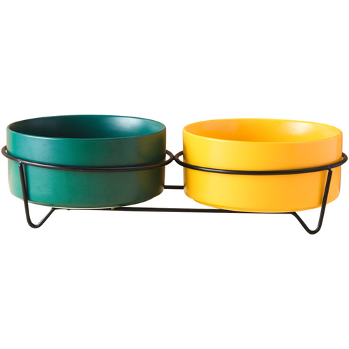 Cross-border Amazon tall iron stand cat bowl ceramic double bowl one-piece drinking water basin anti-tip pet supplies