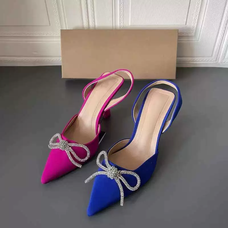 Женские туфли весна 2025, красные, с бантом из страз, на высоком каблуке-шпильке, мюли, балетки