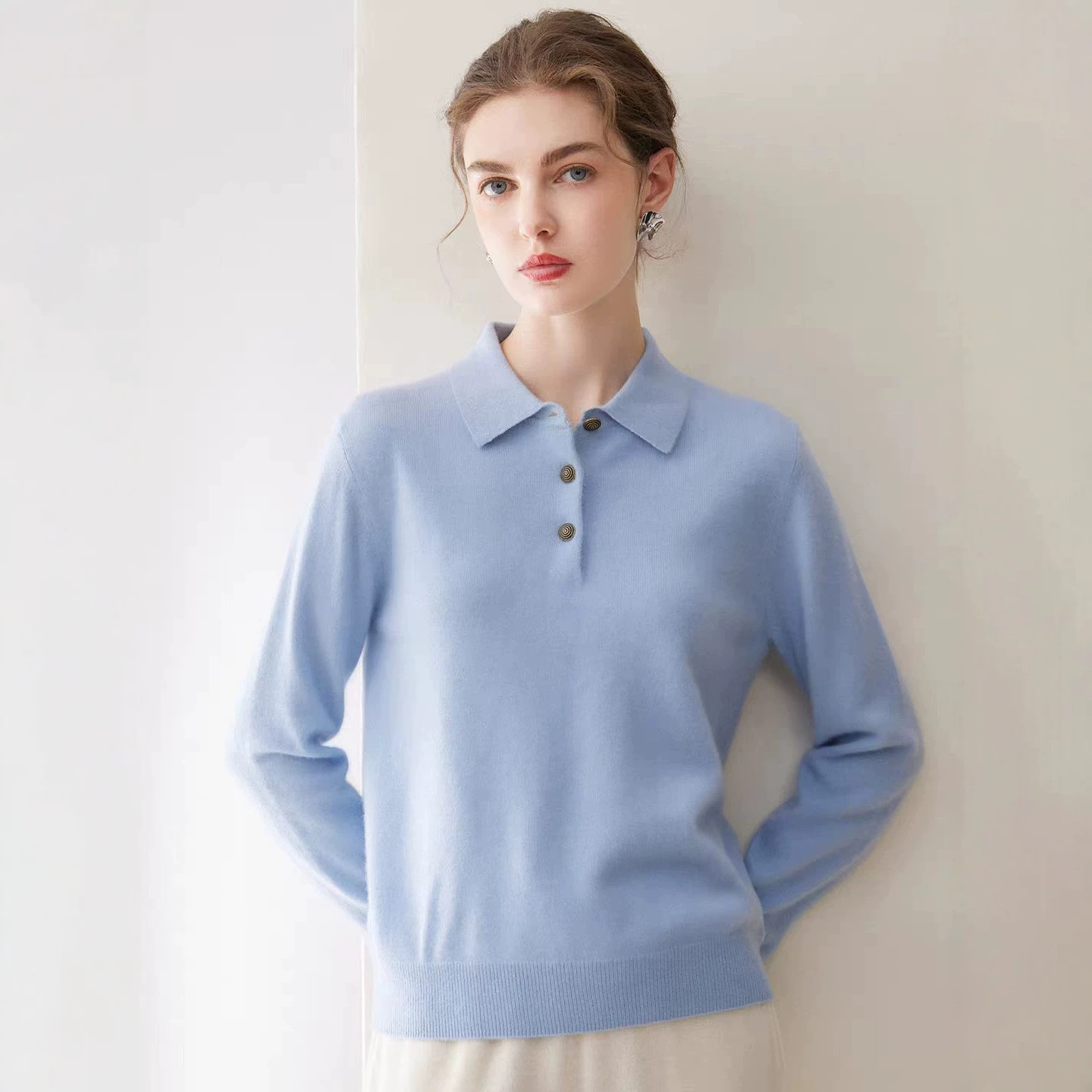 Consinee 100% Cashmere Sweater for Women, Polo Collar Button-Down Pullover Knit Sweater, Versatile and Slimming Top